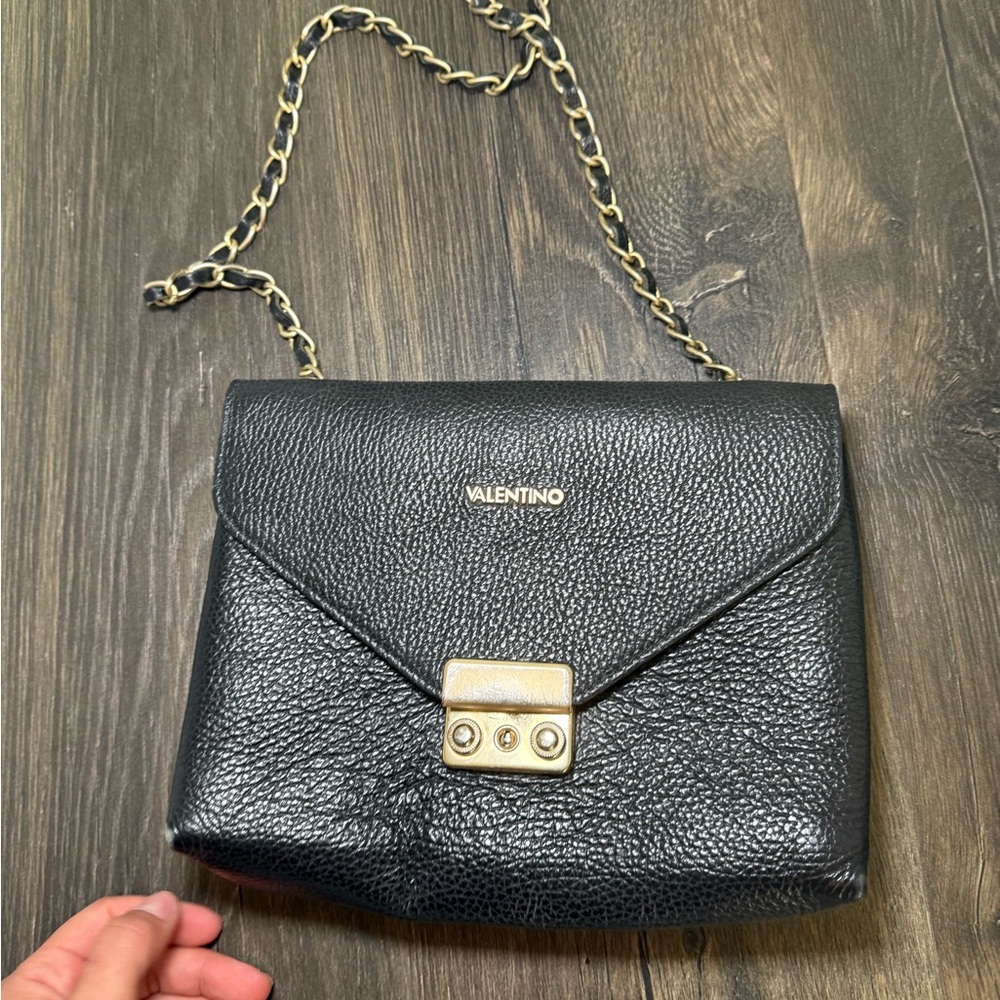Valentino Black Leather Crossbody Bag with Gold Chain